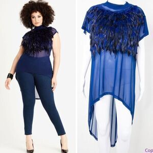 NEW Sexy Flirty‎ navy blue feather front short sleeve night gown lingerie lounge